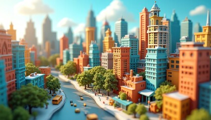 Naklejka premium Cartoon city scene with colorful buildings and trees along a river. Tiny cars and people populate the streets of this miniature urban landscape. Busy urban life unfolds.