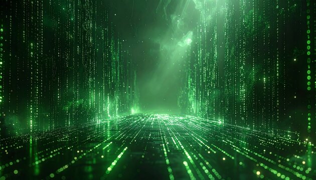 Abstract Green Digital Rain Tunnel With Glowing Particles and Data Streams