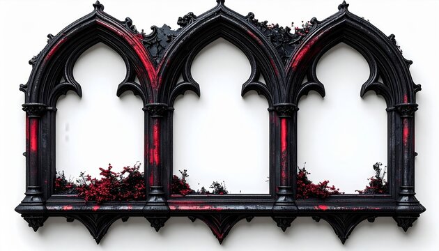 Gothic Style Triple Archway Frame with Red Accents on White Background