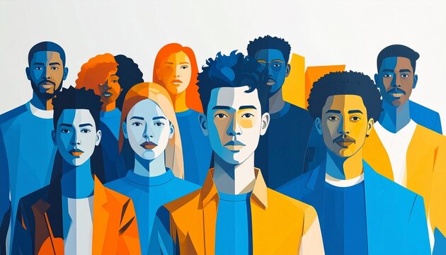 Stylized illustration depicting a diverse group of people, symbolizing unity in a global community with various ethnicities and genders represented harmoniously