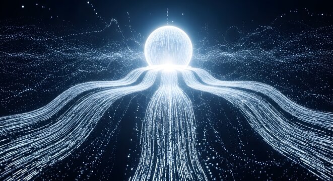 Abstract digital data streams flowing from glowing central sphere
