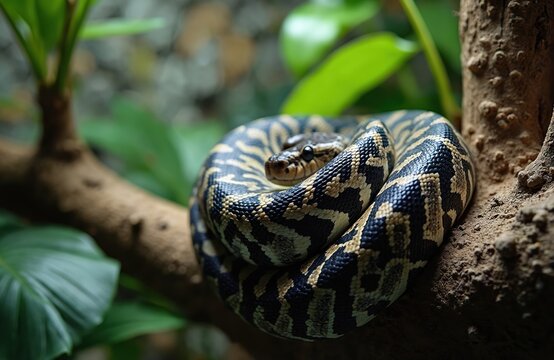 Diamond python coiled on tree branch, detailed scales visible. Reptile rests among green foliage, natural habitat ambiance. Snake watches closely, poised and still.