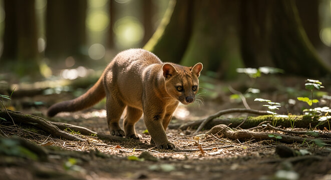 Fossa prowling through the forest sunlight filtering through trees golden fur intense gaze Madagascar wildlife carnivore in natural habitat