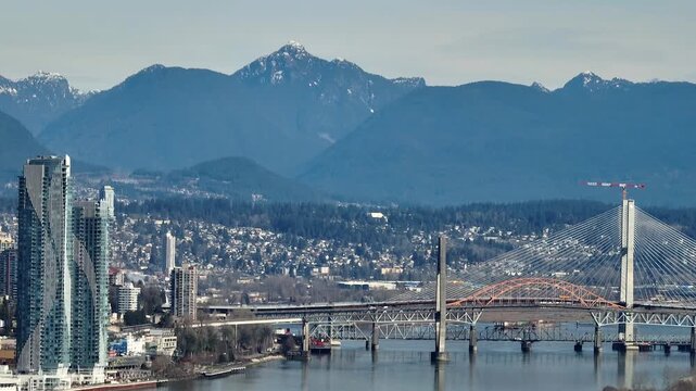 New Stal̕əw̓asəm Bridge (Pattullo Bridge Replacement) Spanning The Fraser River In Metro Vancouver, Canada. Aerial Shot