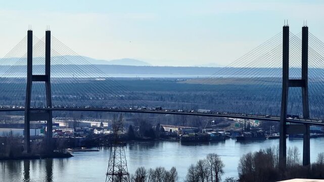 The Alex Fraser Bridge (Annacis Bridge) - Major cable-stayed Bridge In Metro Vancouver, British Columbia, Canada. Aerial Shot