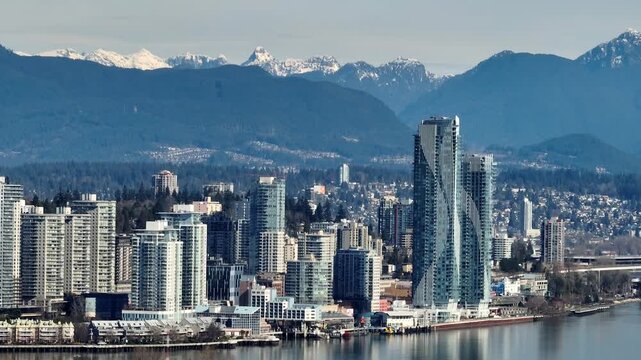 New Westminster Waterfront In British Columbia, Canada - Pier West Development On The Fraser River. Aerial Shot