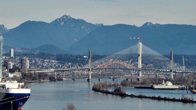 New Stal̕əw̓asəm (Riverview) Bridge Adjacent Old Pattullo Bridge Over The Fraser River In British Columbia, Canada. Aerial Shot