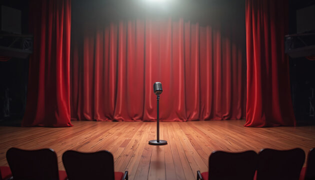 Empty theater stage with vintage microphone spotlights. Red velvet curtains frame wooden floor and audience seats, ready for performance. A spotlight shines on the mic.