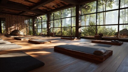 Fototapeta premium Serene wooden room with mats and large windows overlooking forest