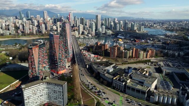 New Senakw Massive Residential Towers On Squamish Nation Reserve Land At The South End Of Vancouver's Burrard Bridge. Aerial Shot