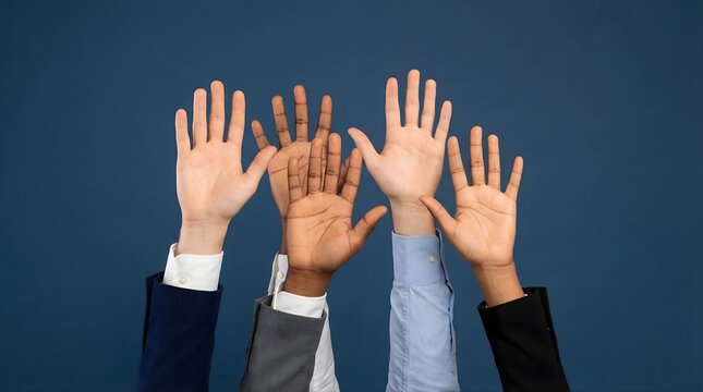 Group of diverse people raising their hands in unison against a solid blue background, showcasing various skin tones and shirt sleeves