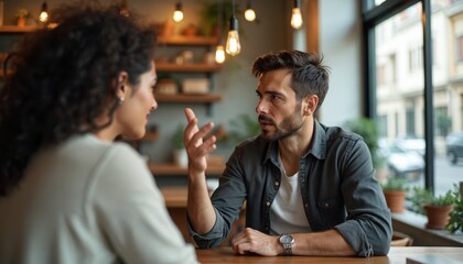 Fototapeta premium Man and woman talk at table in cafe. Couple sits by window, discussing topics over drinks. Friendly chat indoors, with warm lighting and modern decor.