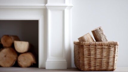 Fototapeta premium Wicker baskets filled with firewood near white fireplace in cozy living room