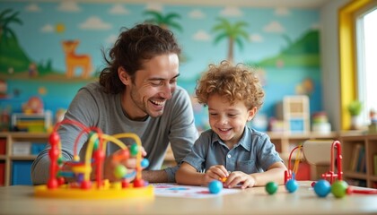 Obraz premium Smiling teacher and young boy with curly hair play with colorful educational toys at a table. They are in a bright decorated classroom, learning and developing new skills together.