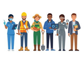 Obraz premium Diverse group of professional workers standing together, showcasing various global occupations in a modern flat vector illustration style.