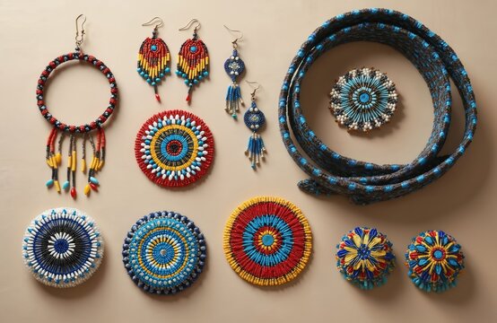 Beaded jewelry collection with native american inspired circular medallions earrings and beaded necklaces. Crafts include intricate beadwork colorful patterns and textile elements.