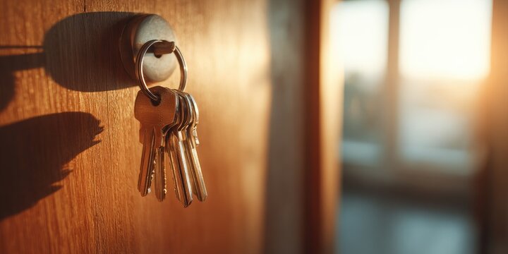 Keys hang in a lock on a wooden door with warm sunlight streaming in