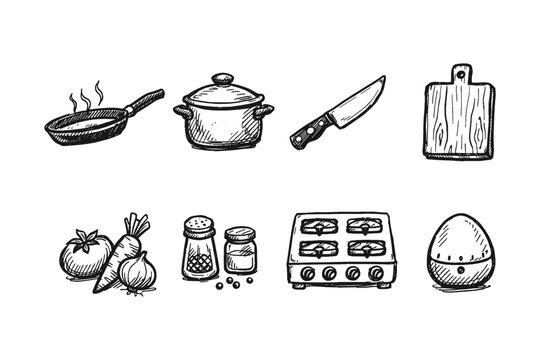 Hand-drawn collection of kitchen utensils and ingredients for cooking