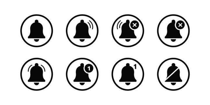 Bell Icons Set, Collection Of Black And White Notification And Alarm Symbols In Minimal Style, Modern Alert Icons For Mobile Apps, Website UI, Messaging Systems