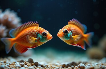 Fototapeta premium Two bright orange mandarin fish with blue spots swim near coral. Tiny fish with vibrant colours look at each other underwater. Marine life in shallow ocean water, natural world.