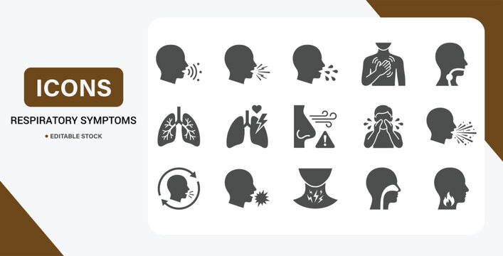 Respiratory Symptom Icon Set &ndash; Vector Collection of Cough, Chest Irritation, Throat Problems, Breathing Issues & Cold Symptoms