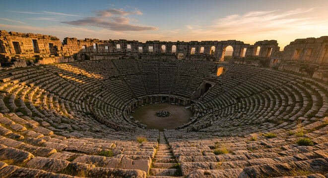 Impressive view of the ancient Roman theater of Aspendos in Antalya Turkey at sunset showcasing architectural grandeur and historical significance