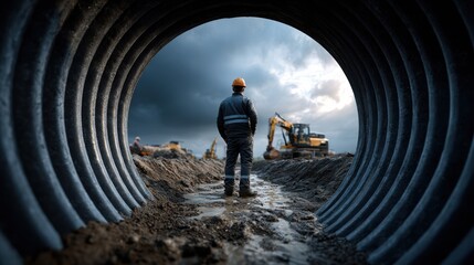 Fototapeta premium Construction worker inside a large drainage pipe with machinery in the distance under a dramatic cloudy sky.