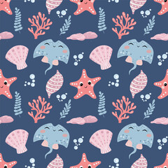 Obraz premium Seamless pattern with cute sea animals, with underwater world design for decorating childrens textiles, wallpaper prints, childrens clothing, bed linen. Vector illustration on blue background