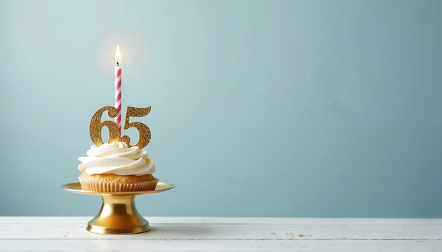 Single cupcake topped with white frosting and a lit candle. Golden glitter number 65 decoration sits atop frosting. Festive dessert on golden stand against pastel blue background.