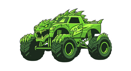 Green Dragon Monster Truck, Fierce Off-Road Vehicle with Large Tires, Fantasy Car Art © purnama