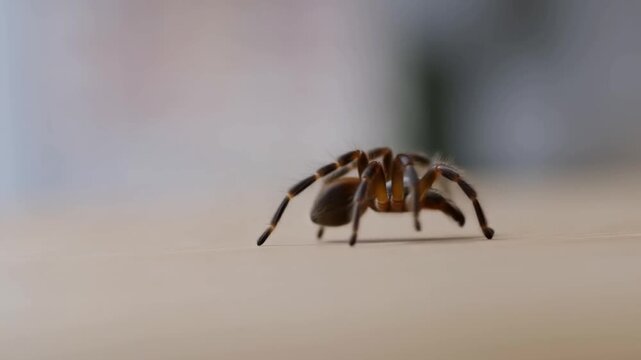 Close-up of a tarantula walking on a wooden surface. Captivating glimpse into the world of arachnids and their unique movements