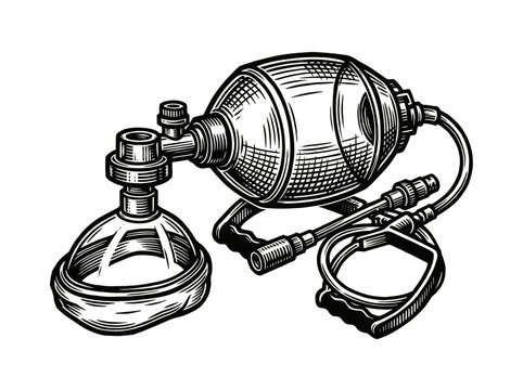 Vintage Bag Valve Mask Engraving Illustration Black and White Line Art