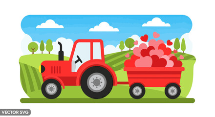 Fototapeta premium Red Tractor Hauling Trailer Full of Hearts on a Farm Landscape