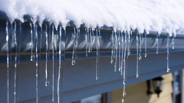 Melting snow on a roof with icicles forming as temperatures rise. Represents the transition from winter to spring and the beauty of seasonal change
