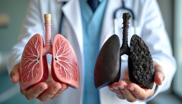 Doctor holds models of healthy and damaged lungs. Shows clear pink organ next to black diseased one. Illustrates smoking impact on respiratory health and bodies.