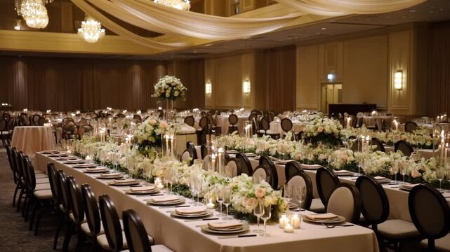Elegant banquet hall set for a wedding reception with beautifully arranged tables and floral centerpieces. A perfect venue for celebrations and gatherings