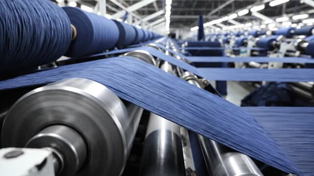 Close-up of vivid blue yarn feeding through metallic rollers on an industrial-grade textile loom...!