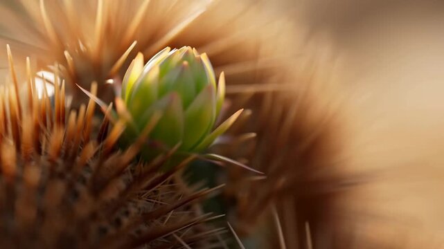 Close-up of a cactus flower bud emerging among sharp spines. Symbolizes resilience and beauty in harsh environments