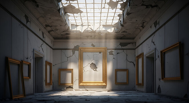 Interior of dilapidated art gallery with empty gold picture frames cracked walls broken ceiling and sunlight showcasing decay