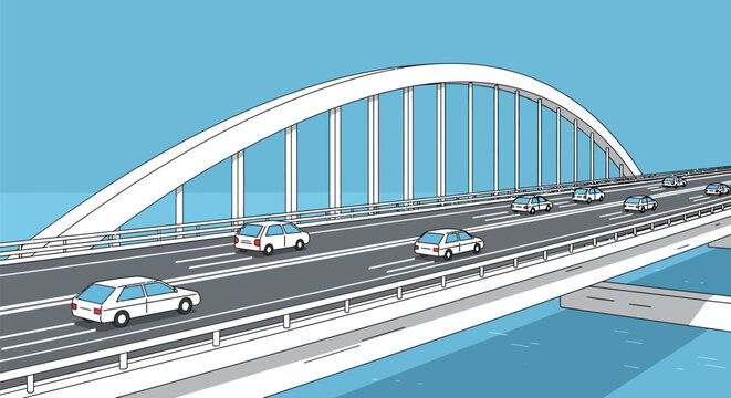 Modern highway bridge, arched road overpass, multi-lane freeway, urban infrastructure