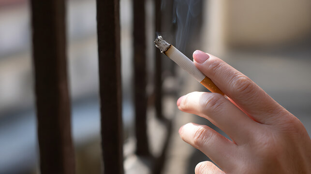 Close-up of a hand holding a lit cigarette with smoke rising, captured outdoors in natural light. This image portrays habit and contemplation