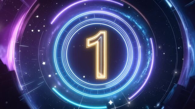 宇宙空間のSF・サイバーパンクな5秒カウントダウン・アニメーション　宇宙船視点と輝くデジタル数字