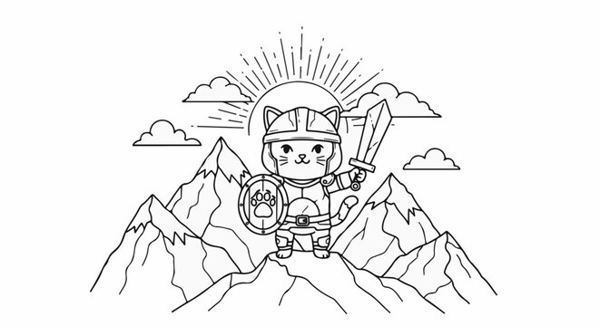 Warrior cat in armor on mountaintop with sun and clouds