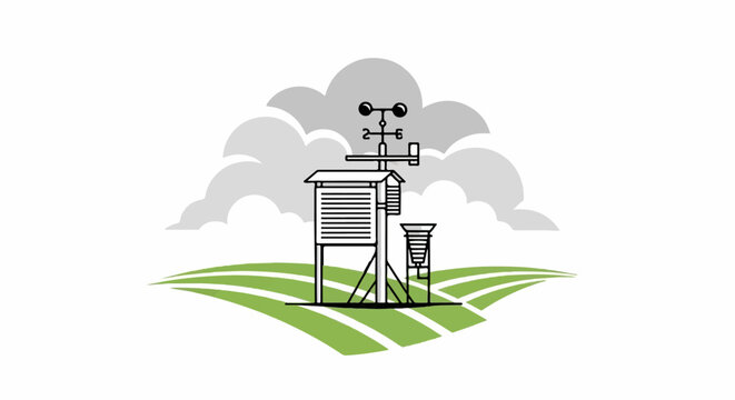 Weather station with anemometer and rain gauge on green fields under clouds