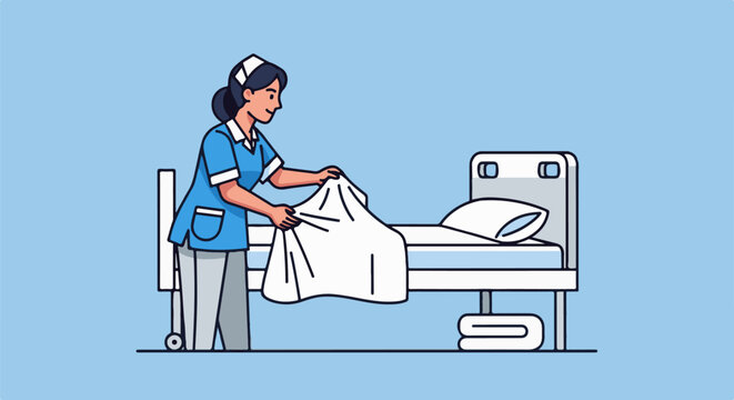 Female caregiver arranges sheets on a hospital bed