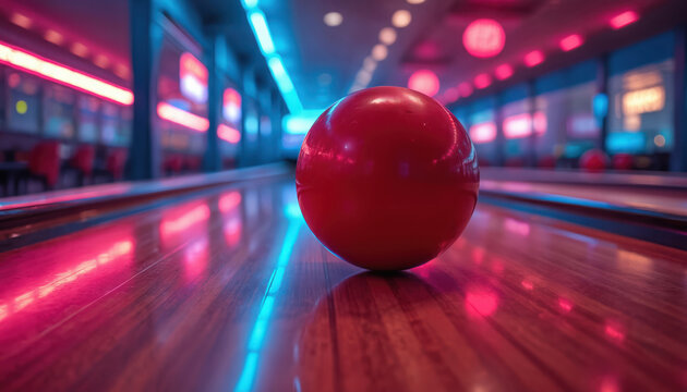 Red bowling ball on polished wooden lane under bright neon lights. Motion blur creates dynamic effect in this retro arcade game setting. Fun activity for friends.