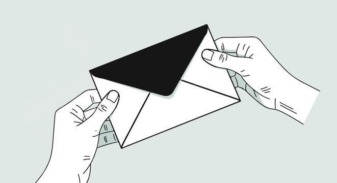 Two hands carefully hold a white envelope with a black flap