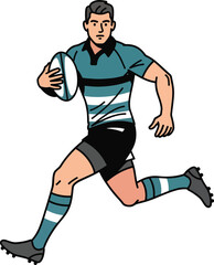Obraz premium A male rugby player in a teal and white uniform runs with a rugby ball on a plain white background.