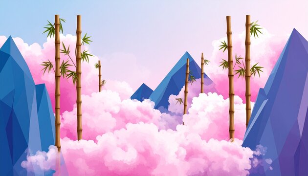 Dreamy fantasy landscape illustration with fluffy pink clouds, majestic low-poly mountains, and towering bamboo stalks under a soft, gradient sky, conveying tranquility and ethereal beauty