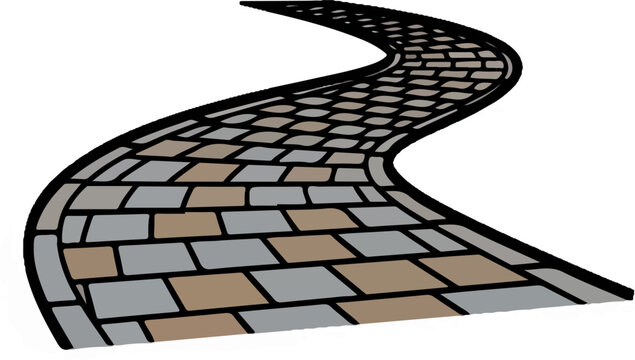 A winding path of gray and tan cobblestones curves into the distance